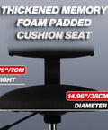 Close-up of black Heavy Duty Shop Stool With Backrest For Garage And Workshop, showing memory foam padded seat and dimensions.