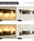 Rustic Farmhouse 3 Light Vanity Light Over Mirror With Seeded Glass Shades, Vintage Wood And Black Metal Bath Sconce
