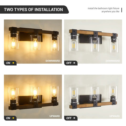 Rustic Farmhouse 3 Light Vanity Light Over Mirror With Seeded Glass Shades, Vintage Wood And Black Metal Bath Sconce