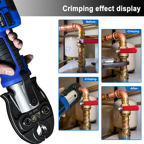 No Fuss Heavy Duty 18V Cordless Hydraulic Copper Pipe Crimping Tool With Slick Brushless Motor For Quick Rock Solid Plumbing Connections in action.