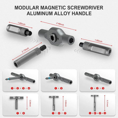 Diagrams of components for 42 In 1 Magnetic Screwdriver Set With Storage Case showing measurements and assembly.