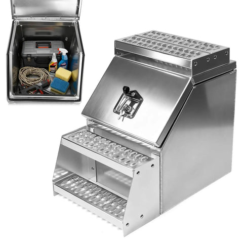 18 Inch Aluminum Side Mount Tool Box for Semi Trucks with Saddle Step, open view showing storage for chains and gear inside