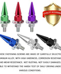 Premium Aluminum Spike License Plate Screws And Anti Theft Bolts Set With Heavy Duty Security Hardware For Car Truck Motorcycle Builds Hella Secure Green Fasteners To Lock Down Your Ride Today, in various colors.