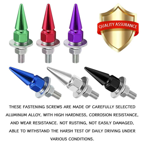 Premium Aluminum Spike License Plate Screws And Anti Theft Bolts Set With Heavy Duty Security Hardware For Car Truck Motorcycle Builds Hella Secure Green Fasteners To Lock Down Your Ride Today, in various colors.