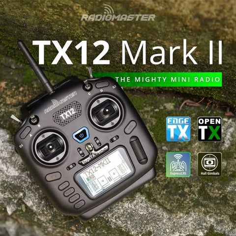 TX12 Mark II radio transmitter with EdgeTX, OpenTX compatibility, and hall gimbals on stone background