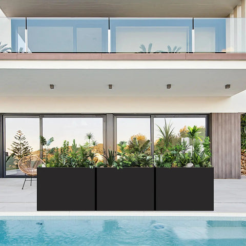 Massive Galvanized Steel Planter Box With Removable Insert Shelf And Four Drainage Holes Weather Resistant by a poolside patio.