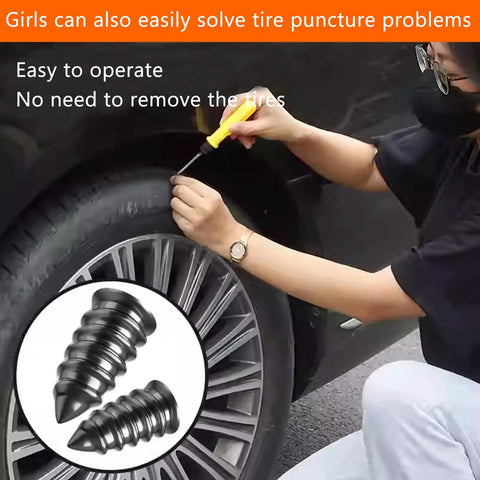 Heavy Duty Screw Tire Repair Kit With Forty Pre Coated Rubber Plugs seals punctures in seconds while fixing a flat tire.