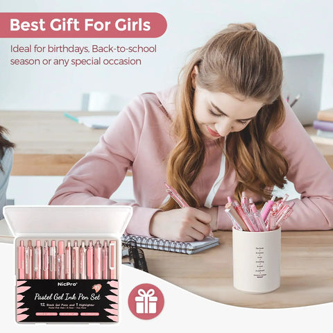 Girl using 13 Pack Pink Gel Pens Set With 0.5mm Fine Tip Black Ink And 1 Highlighter, Cute Journaling Pens For School And Office