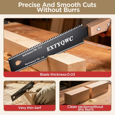 6-Inch Double Edge Pull Saw With Flexible SK5 Blade For Flush Cuts Japanese Style Pro Grade Woodworking Tool 17 TPI For Hard Wood And 11 TPI For Soft Wood Durable Double Edged Handsaw For Tight Rips And Smooth Cross Cuts. Double-edged pull saw cutting wood with very thin kerf and clean burr-free edge.
