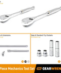 Image showing components of a 76 Piece Mechanics Tool Set With One Quarter Inch Drive And Three Eighths Inch Drives, 12 Point Standard And Deep Sockets, SAE And Metric, Compact Heavy Duty Case For Home Garage And Pro Use.