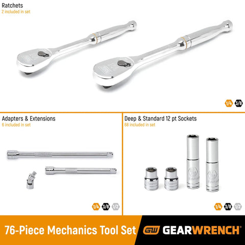 Image showing components of a 76 Piece Mechanics Tool Set With One Quarter Inch Drive And Three Eighths Inch Drives, 12 Point Standard And Deep Sockets, SAE And Metric, Compact Heavy Duty Case For Home Garage And Pro Use.