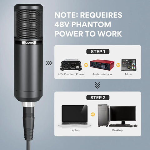 XLR Condenser Microphone With Cardioid Pattern, boom arm and pop filter for streaming and podcasting, requires 48V phantom power