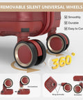 Close-up of detachable spinner wheels on a red carry on luggage with removable spinner wheels and built in TSA lock 18 inch hard shell.
