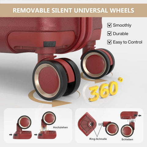 Close-up of detachable spinner wheels on a red carry on luggage with removable spinner wheels and built in TSA lock 18 inch hard shell.