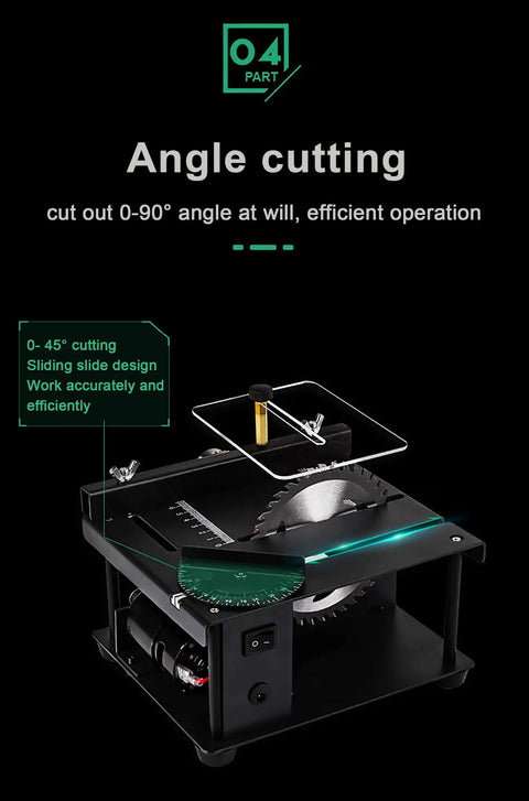 Compact Mini Sliding Table Saw Bad Boy Electric Bench Saw with adjustable angle for precise cutting up to 45 degrees.