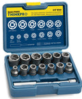 Open blue case showing 20 Piece Bolt Extractor Kit for Impact Sockets Nut and Bolt Remover Set Clears Stripped Damaged Fasteners