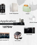 Low Profile Flat Plug 2Ft Extension Cord With 14AWG 15A 125V 1875W shown with various household appliances.