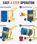 Heavy Duty Drum Lifter Cart Cranks Up To 660 Lbs And Tilts For Easy Pouring Of Steel Or Plastic Barrels With Safe One Man Lift Action At The Factory, showing four-step operation.