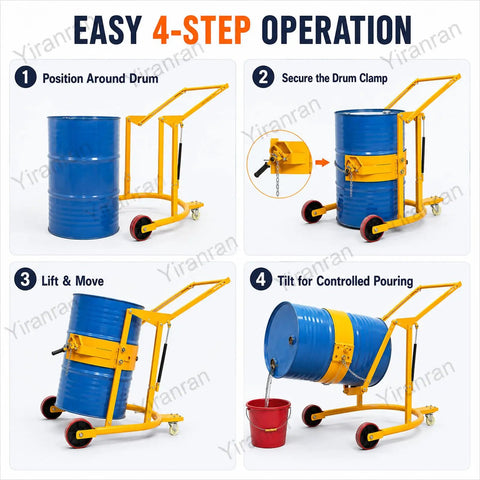 Heavy Duty Drum Lifter Cart Cranks Up To 660 Lbs And Tilts For Easy Pouring Of Steel Or Plastic Barrels With Safe One Man Lift Action At The Factory, showing four-step operation.