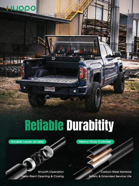 Truck with open aluminum toolbox showcasing 10 Inch Gas Struts 32 44 Lb Tool Box Shocks For Lightweight Aluminum Truck Toolbox RV Cabinets Boat Hatches And Lids 15 20 Inch Wide With 10mm Ball Studs 2 Pack on a commercial site