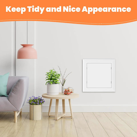 10X10 Self Adhesive Access Panel Drywall Hole Cover With Dead Simple Install And Paintable Finish Impact Resistant Plastic Utility Door against a wall.