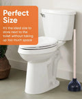 Classic Heavy Duty Toilet And Sink Plunger With 21 Inch Natural Wood Handle, Thick Black Rubber Cup, Built Tough To Blast Away Stubborn Clogs, Easy Suction For Quick Fixes next to a toilet in a bathroom.