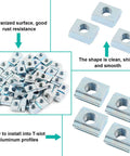 100 Pack Sliding T Nuts For 2020 Series Aluminum Extrusion M5 Thread Hammer Head T Nuts For T Slot 6mm, shown in various views.