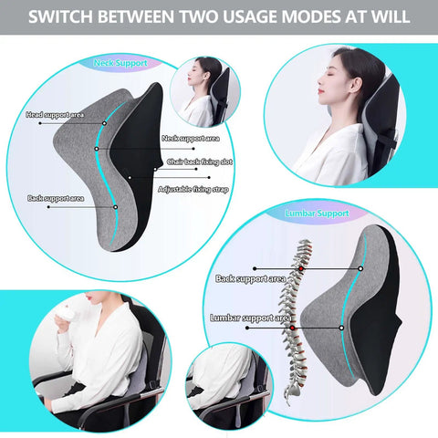 Two In One Office Chair Headrest Pillow And Lumbar Support diagram showing adjustable features and ergonomic design