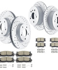 Front And Rear Drilled And Slotted Brake Rotors With Ceramic Pads Kit For 2008 To 2012 Toyota Avalon, 2007 To 2011 Camry, 2007 To 2012 Lexus ES350
