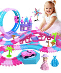 Child playing with Pink 178 Piece Flexible Track Toy Set With Bendable Race Tracks And Light Up Music, Princess Theme for Girls