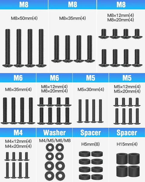 No Sweat Vesa Tv Mounting Hardware Kit Complete M4 M5 M6 M8 Screws With Washers And Spacers for Big Screen Flat Panels Up to 80 Inches, assorted sizes.