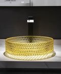 Bathroom Vessel Sink Vanity Glass Vessel Bowl Sink Cylindrical Countertop Sink Bowl Above Counter Sink Art Basin With Faucet And Pop Up Drain,Black, yellow crystal bowl on a countertop.