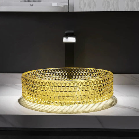 Bathroom Vessel Sink Vanity Glass Vessel Bowl Sink Cylindrical Countertop Sink Bowl Above Counter Sink Art Basin With Faucet And Pop Up Drain,Black, yellow crystal bowl on a countertop.
