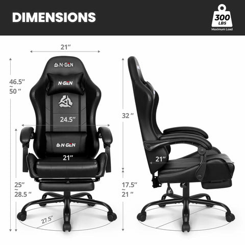 Dimensions of racing style gaming chair with pull-out footrest and lumbar support, high back ergonomic leather desk chair.
