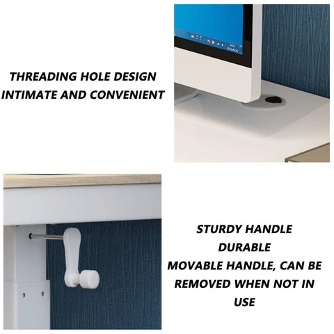 Top Tier Ergonomic Standing Desk With Smooth Crank Lift And Secure Drawer showing threading hole and sturdy handle design.
