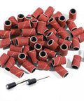 Pile of 320 Grit Sanding Bands Set With 100 Pieces And Two One Quarter Inch Mandrels For Rotary Tool Drum Sander Kit on white background