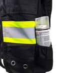 Pro Level Ansi Class One Safety Vest For Surveyors In Matte Black with high vis trim holding a spray can in pocket.