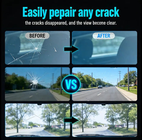 Comparison of car windshields before and after using All In One Windshield Repair Kit For Chips And Cracks, showing clear glass.