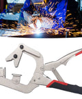 Heavy Duty C Clamp Locking Pliers With 270 Degree Rotatable Jaws For Welding Projects Chrome Steel Construction, shown in use with welding sparks.