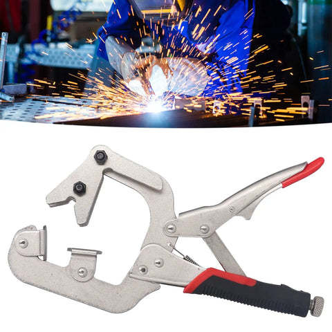 Heavy Duty C Clamp Locking Pliers With 270 Degree Rotatable Jaws For Welding Projects Chrome Steel Construction, shown in use with welding sparks.