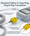 Standard Yellow K-Type Plug connected to a thermometer, demonstrating plug and play connection for thermocouple meters.
