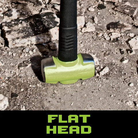 Close-up of B.A.S.H 30 Inch Sledge Hammer With 12 Lb Drop Forged Head on concrete, showing flat head and green hi-vis finish.