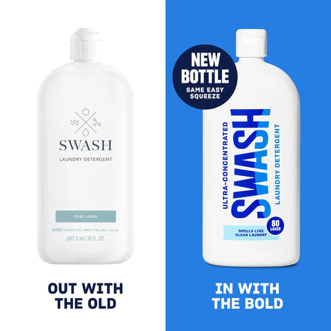 Comparison of old and new Swash detergent bottles, highlighting Smells Like Clean Laundry HE Ultra Concentrated Liquid Detergent For 80 Loads