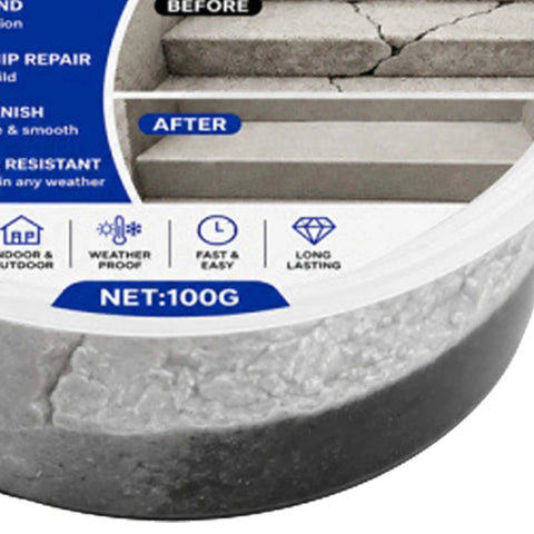 Heavy Duty Concrete Crack Filler Masonry Sealant in 100g container for repairing chipped edges on stairs and sidewalks.