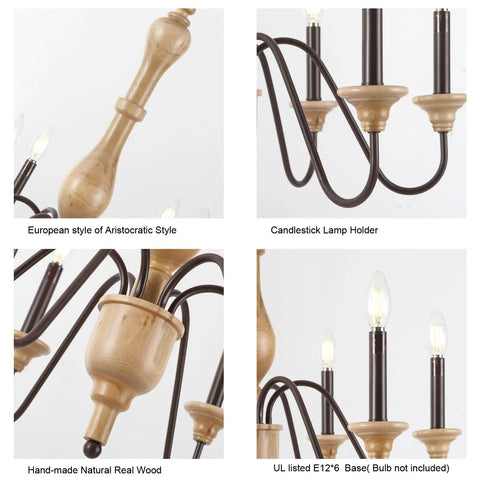 Farmhouse Chandelier With 6 Lights, Wood Rustic Candlestick Pendant Light For Living Room And Bedroom, French Country Vibe, Canopy Height Adjustable, Vintage European Inspired Ceiling Lamp