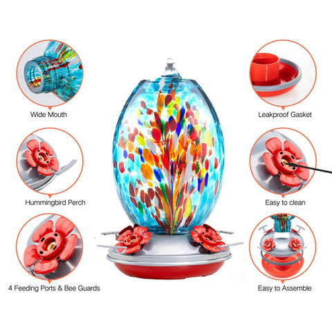 Blown Glass Hummingbird Feeder With 27 Oz Capacity For Outdoor Garden Decor Includes Ant Moat And Cleaning Brush Blue Fireworks Accent A Mom Friendly Gift For Women And Nature Lovers The Go To Backyard Bird Watching Accessory.