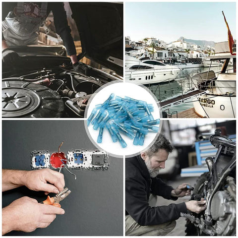 Blue heat shrink butt connectors, 16-14 AWG, waterproof electrical crimp splices, 100 pcs for marine wiring