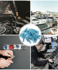 Blue Heat Shrink Butt Connectors 200 Pcs For 16 To 14 AWG Wire Waterproof Electrical Crimp Terminal Splices shown in automotive, marine, and electrical applications.