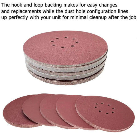 50 Pack 9 Inch Drywall Sanding Discs Set With 8 Hole Hook And Loop Backing, stack of discs showing multiple grits