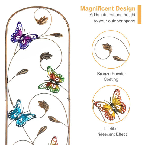 Two Pack Metal Garden Trellis With Colorful Butterfly Accents 60 Inch High Arched Outdoor Fence Trellis for climbing plants.